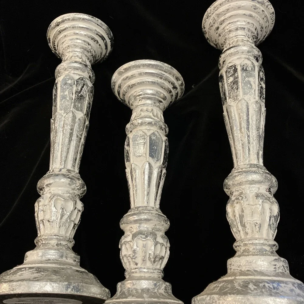 Distressed Silver Faux Mercury Mirror Resin Tall Candle Holder Candlestick Set 3
